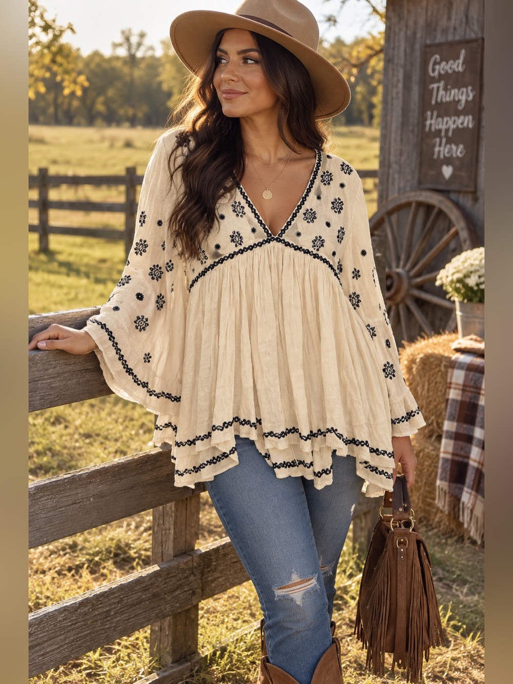 Fate Cream Tunic Top with Black Floral Embroidery